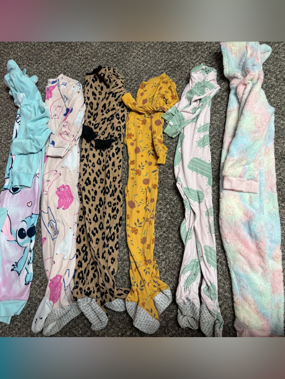 Lot of Girls' Pajama Footed Sleepers - Mixed Prints (Pastel, Leopard, Yellow)